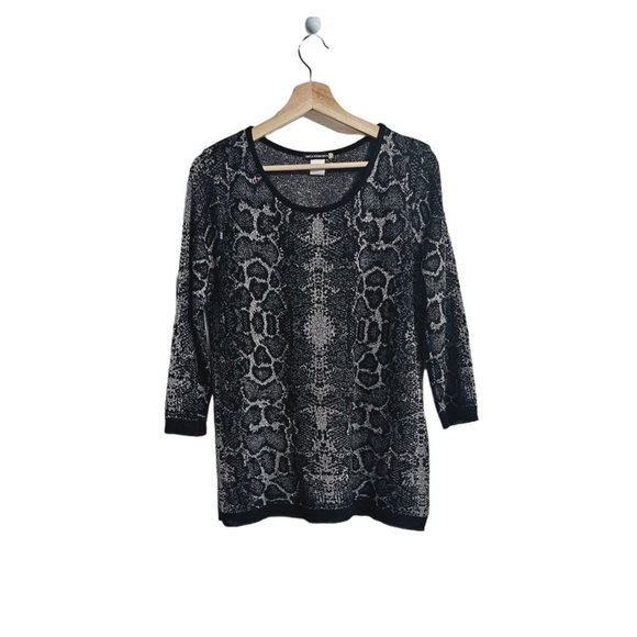 SWEATERWORKS Snake Print Metallic Knit quarter Sleeve Sweater Size XL Black Silv - Picture 1 of 7